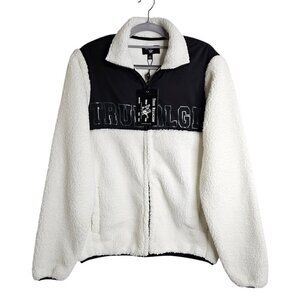 NWT TRUE RELIGION Colorblock Sherpa Logo Jacket Coat WHITE & BLACK size S Fleece
